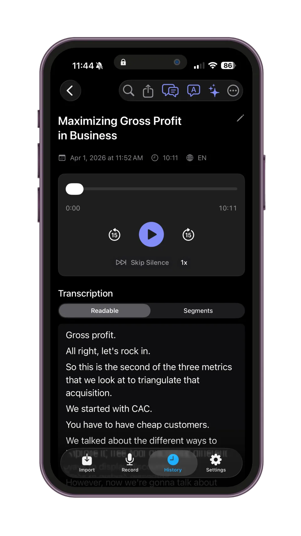 Echo Chamber showing a recording, audio controls, and its transcript