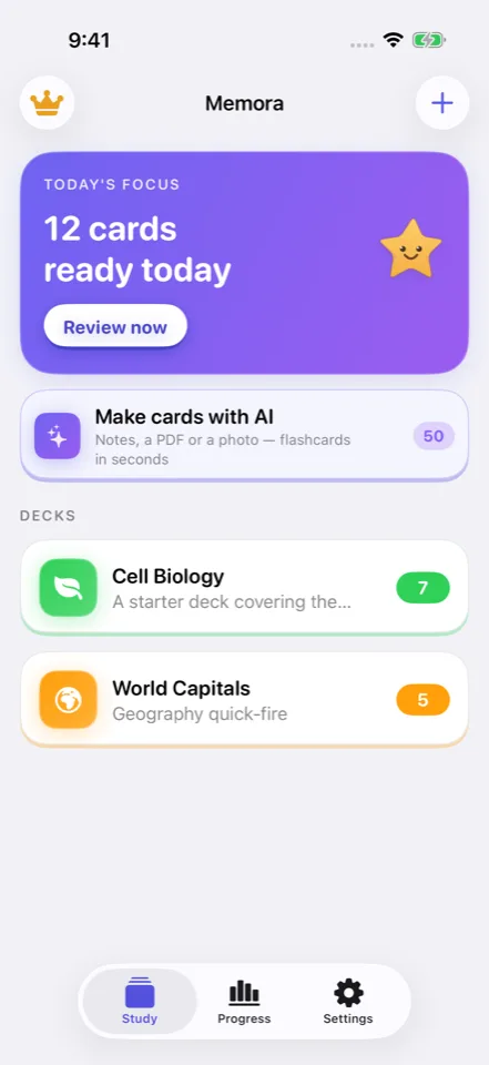Memora's home screen with cards ready to review, AI card creation, and study decks