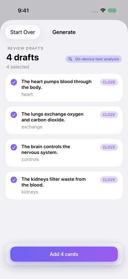 Memora’s Review drafts screen, with four selectable flashcards generated from study material